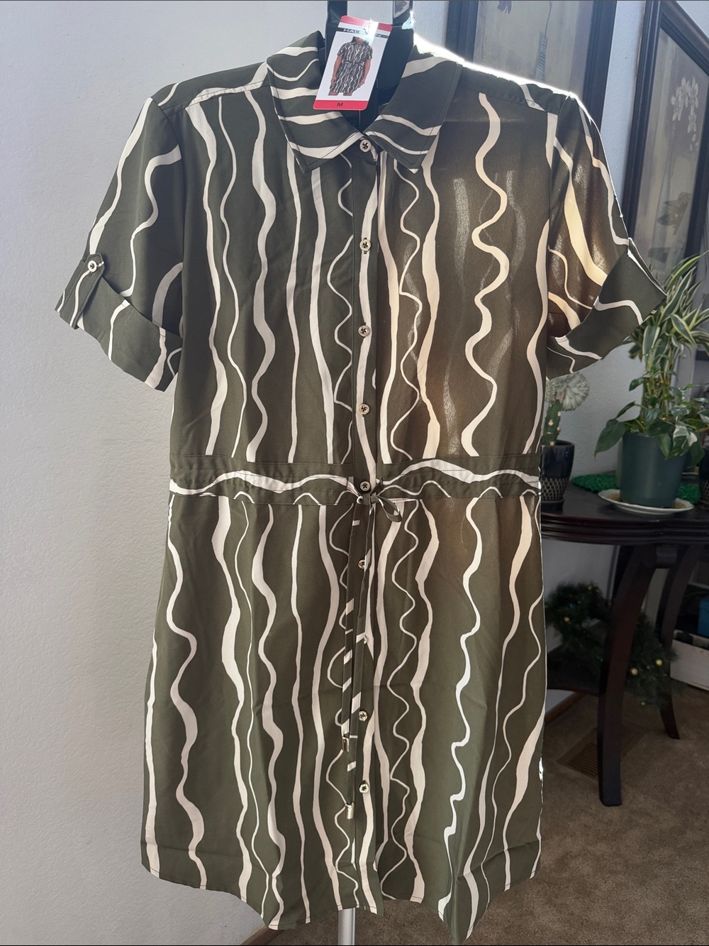 Halston Heritage Olive Green and White Wavy-Stripe Shirt Dress available: S,L,XL